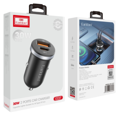 شاحن سيارة 30 واط (USB + Type‑C، منفذين) باللون الأسود