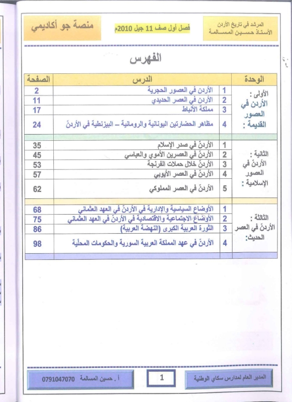 دوسية تاريخ الاردن 2010 الفصل الاول أ.حسين مسالمة 